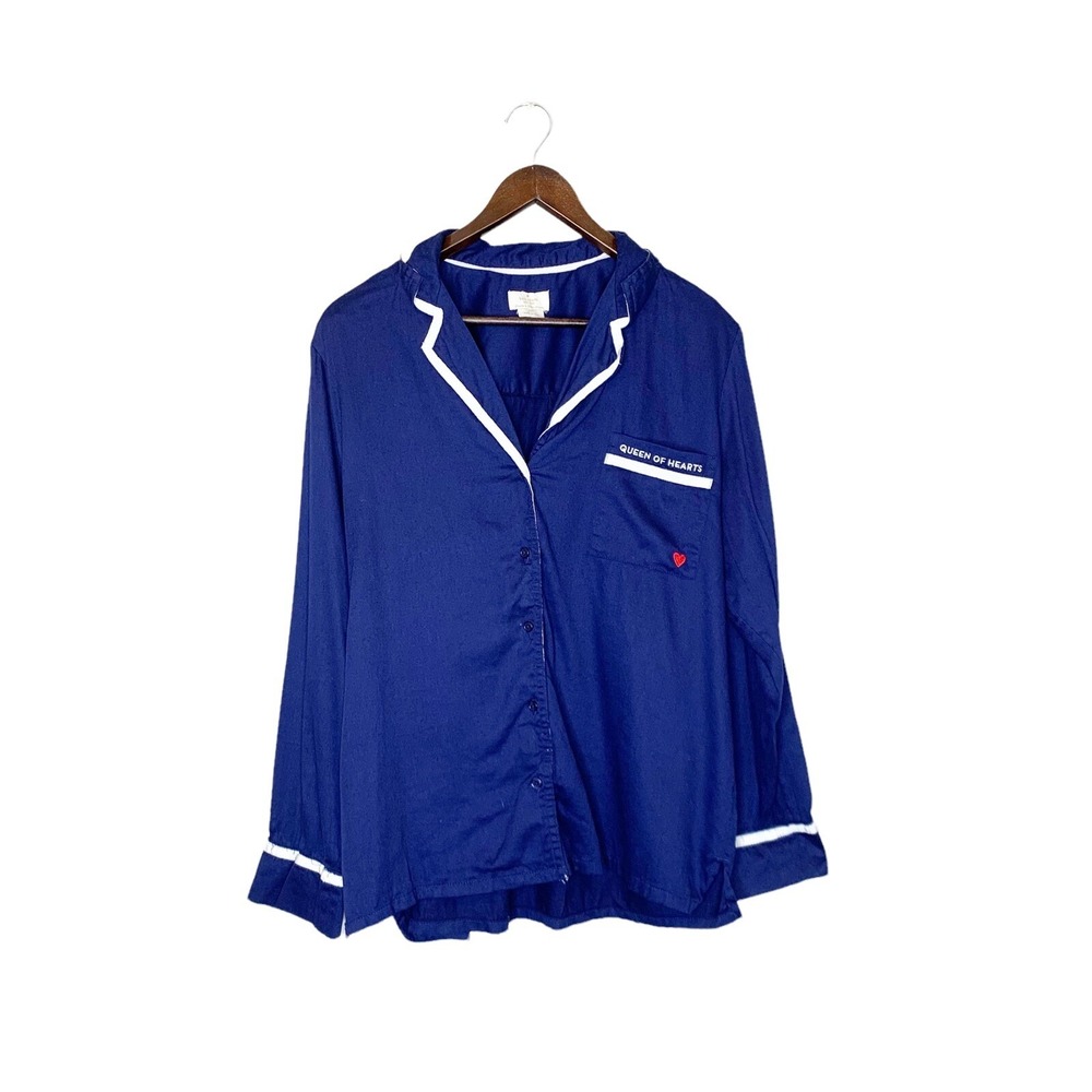 Kate Spade Pajama Blouse Top Large Navy Blue Queen Of Hearts Button Down Shirt